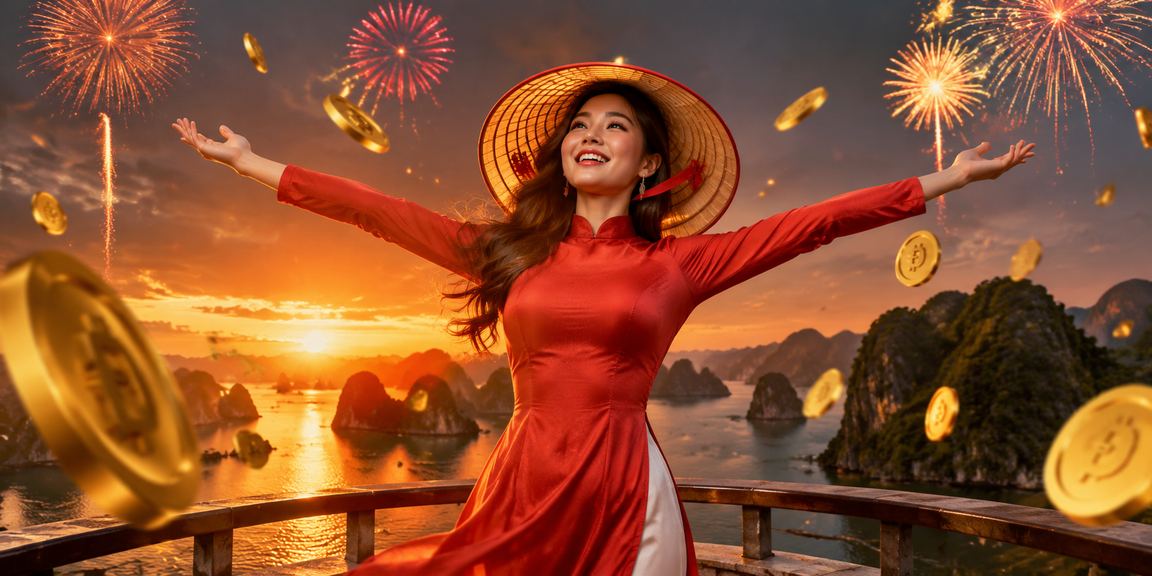 Khung cảnh vịnh Hạ Long với người dùng đội nón lá theo dõi esports và ưu đãi cá cược trực tuyến