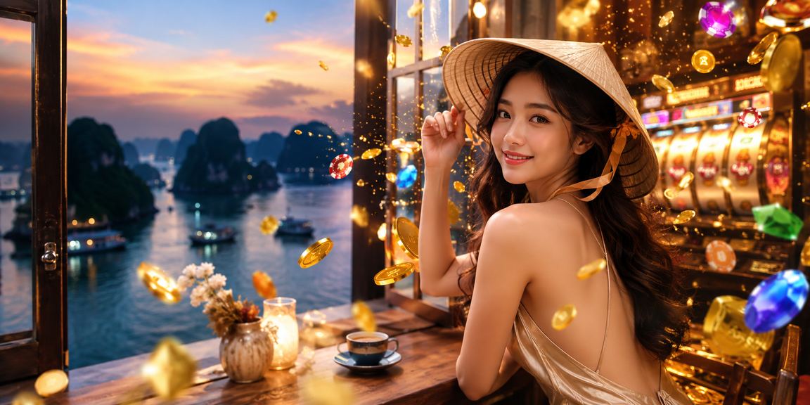 Cảnh vịnh Hạ Long với người dùng trải nghiệm game slot và kiểm tra số dư tài khoản trên điện thoại