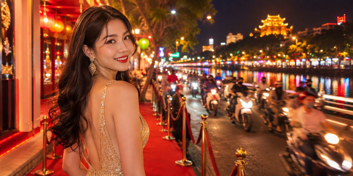 Khung cảnh chợ đêm Huế về đêm, người dùng thưởng thức xổ số trực tuyến trên điện thoại