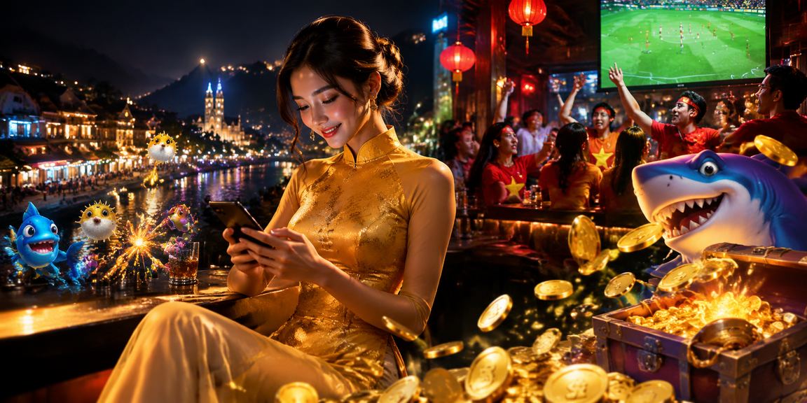 Phong cảnh Sa Pa với người dùng mặc áo dài truy cập trò chơi trực tuyến trên thiết bị di động